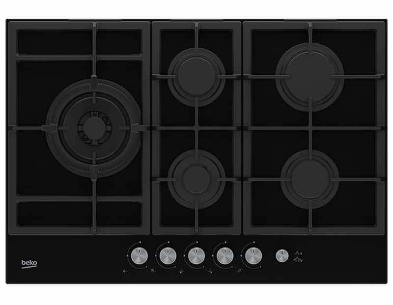 ENCIMERA BEKO HILL 75235 S 5 HORNILLAS A GAS PARA EMPOTRAR NEGRO VIDRIO TEMPLADO 75Cm