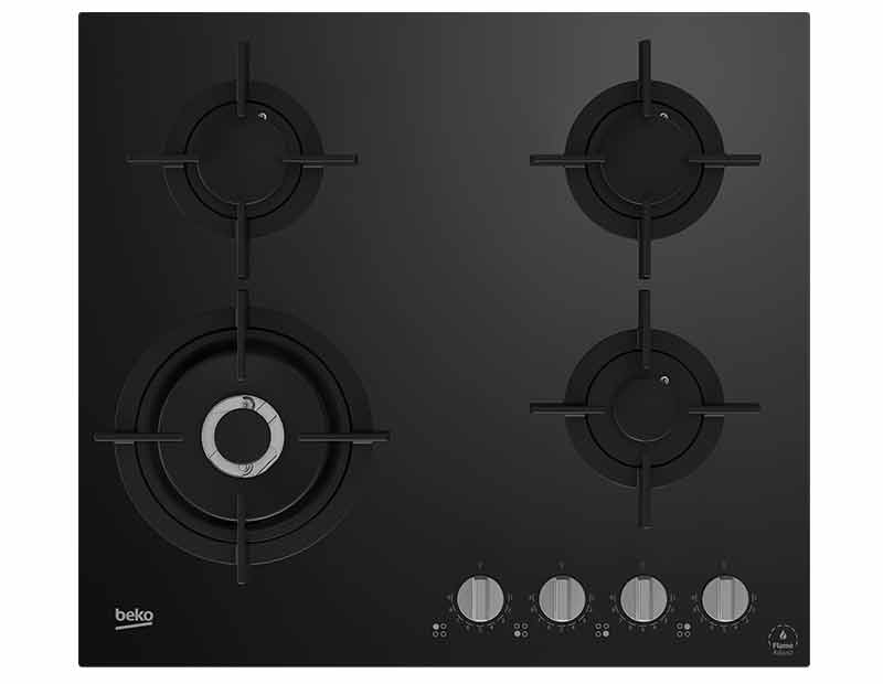 ENCIMERA BEKO HILW 64322 S 4 HORNILLAS A GAS PARA EMPOTRAR NEGRO VIDRIO TEMPLADO 58,5Cm