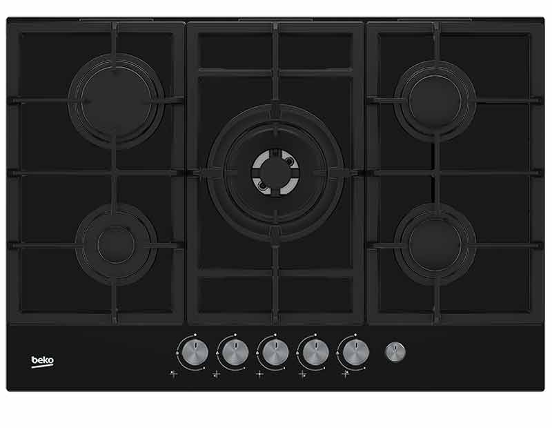 ENCIMERA BEKO HILW 75235 S A GAS 5 HORNILLAS PARA EMPOTRAR NEGRO VIDRIO TEMPLADO 75Cm