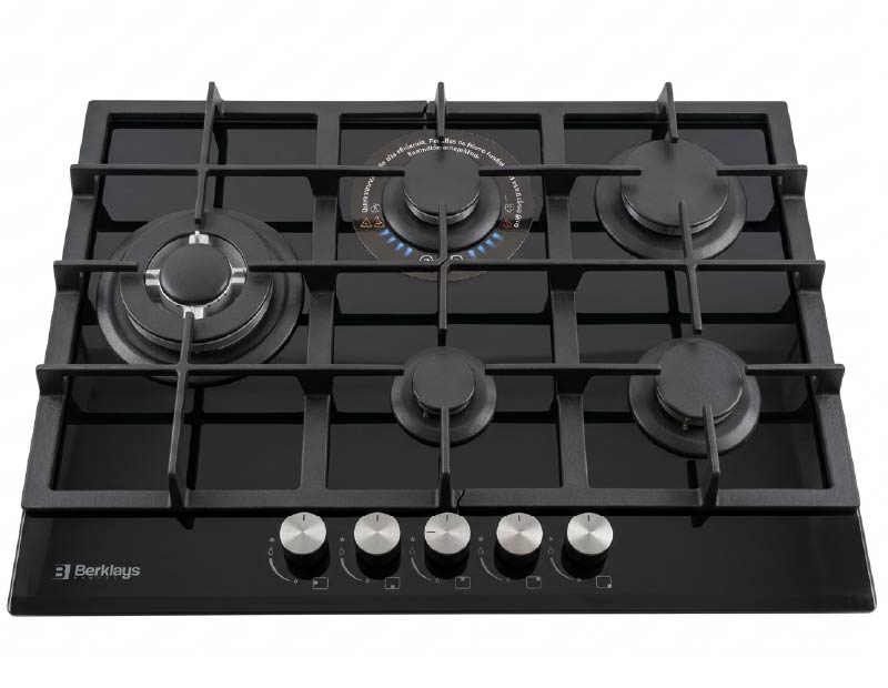 ENCIMERA BERKLAYS BVER765GWHBK A GAS 5 HORNILLAS PARA EMPOTRAR NEGRO VIDRIO TEMPLADO 68,5 Cm