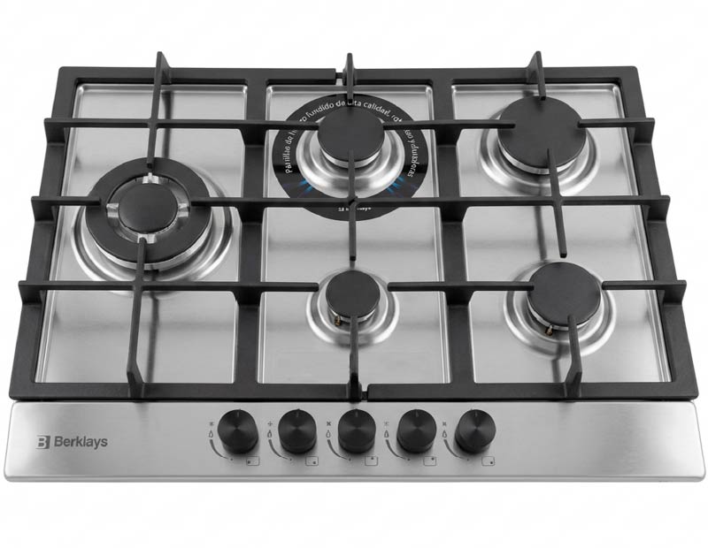 ENCIMERA BERKLAYS BTAB765GWHIX A GAS 5 HORNILLAS PARA EMPOTRAR INOX TEMPLADO 68 Cm